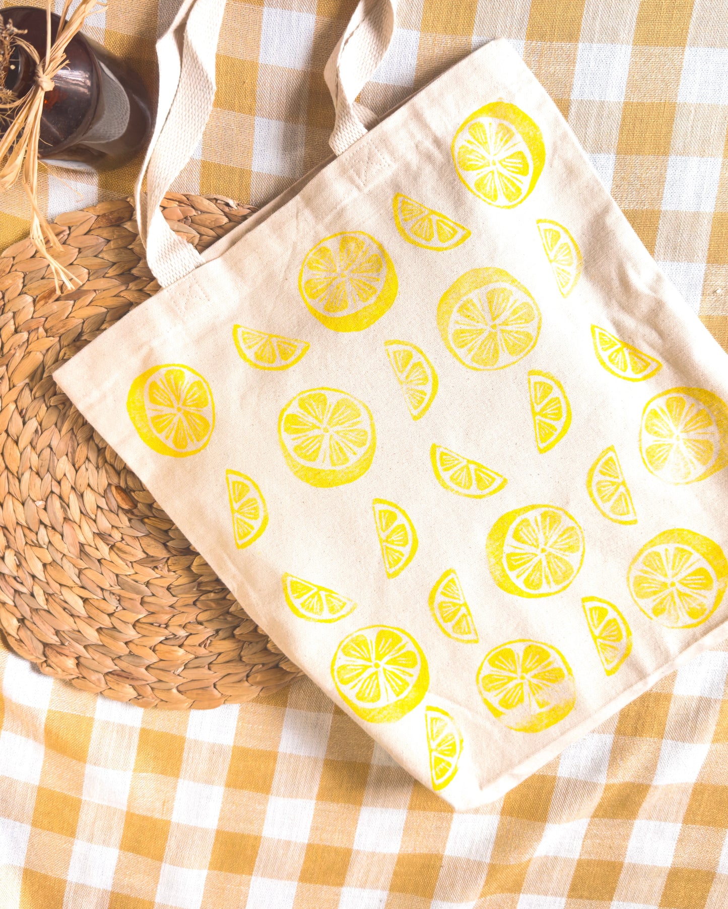 Block Printed Lemon Tote - Canvas Tote Bag