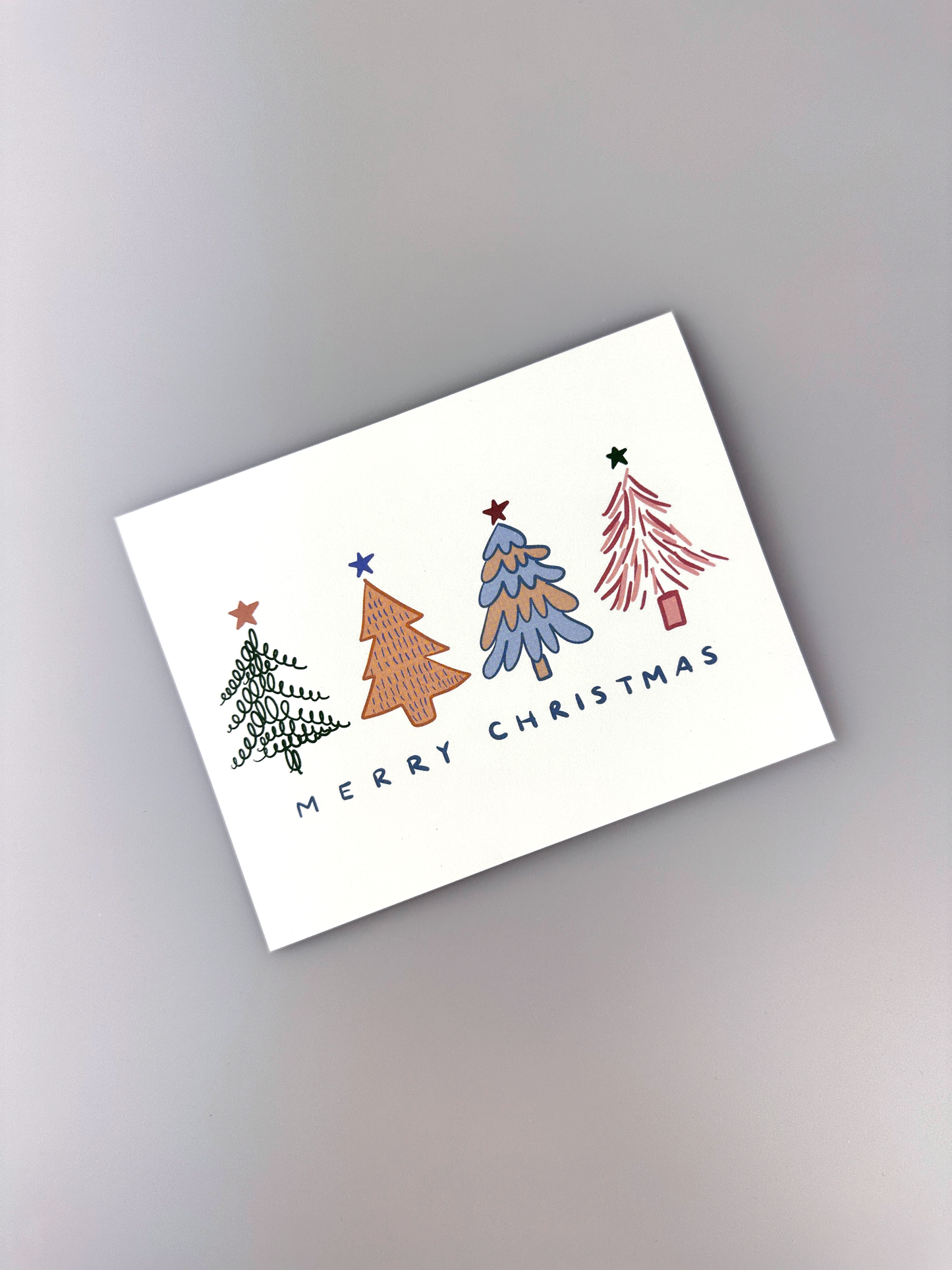 Merry Christmas Card - Modern Colorful Christmas Trees - Blank Inside - Kraft Envelope