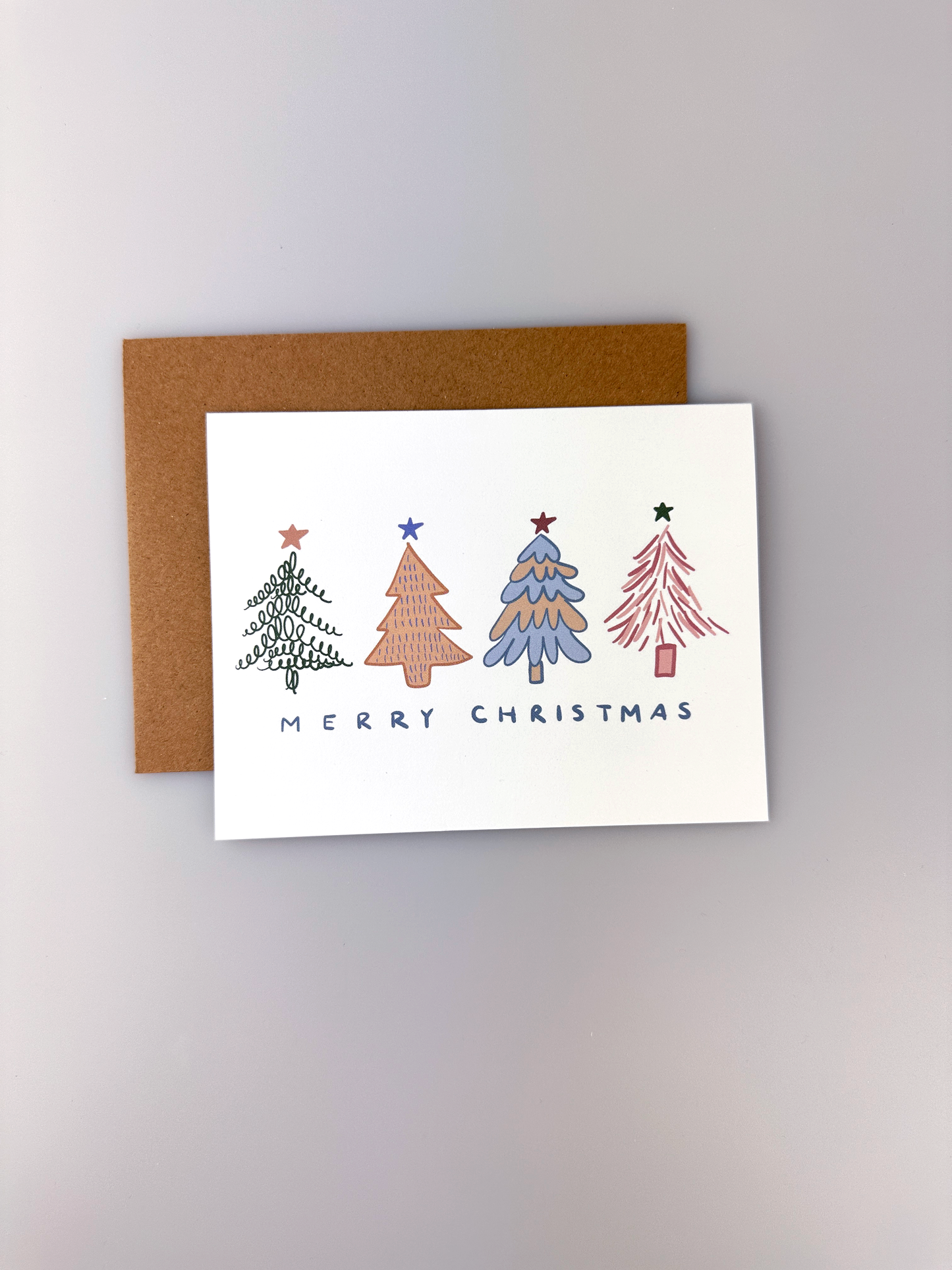 Merry Christmas Card - Modern Colorful Christmas Trees - Blank Inside - Kraft Envelope