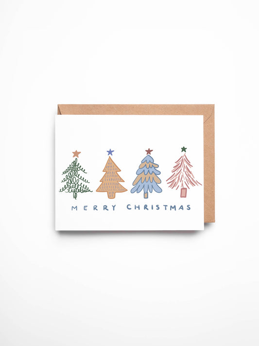 Merry Christmas Card - Modern Colorful Christmas Trees - Blank Inside - Kraft Envelope