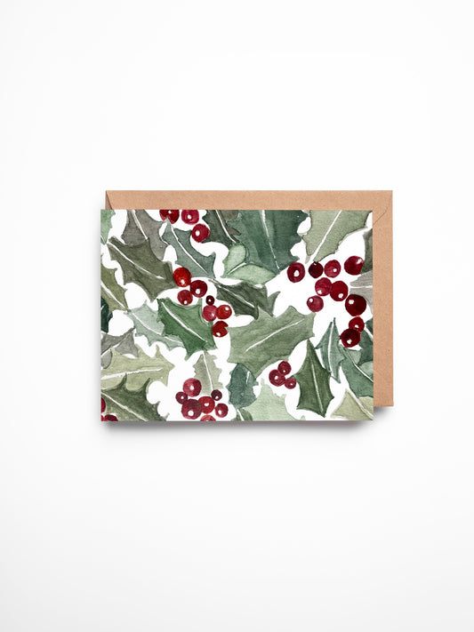 Watercolor Holly Christmas Card - Mistletoe - Blank Inside - Kraft Envelope