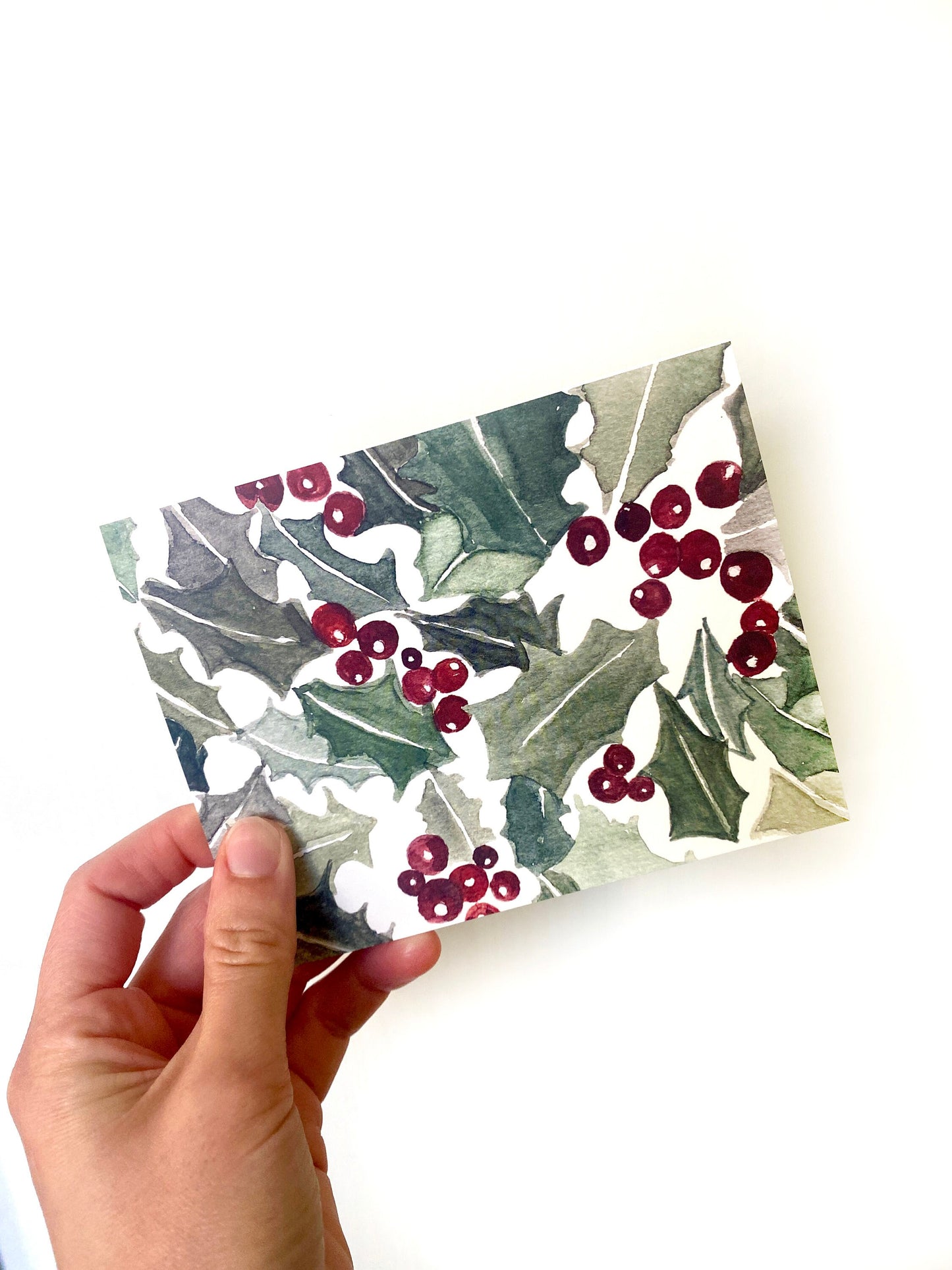 Watercolor Holly Christmas Card - Mistletoe - Blank Inside - Kraft Envelope