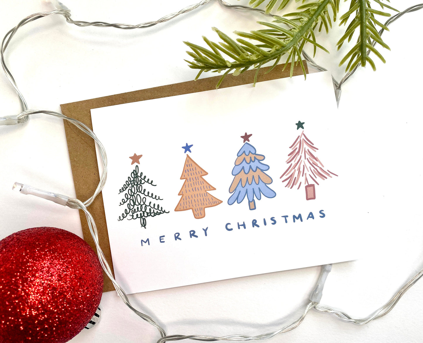 Merry Christmas Card - Modern Colorful Christmas Trees - Blank Inside - Kraft Envelope