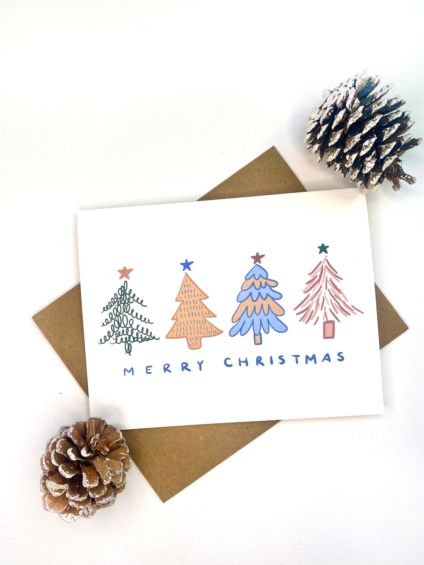 Merry Christmas Card - Modern Colorful Christmas Trees - Blank Inside - Kraft Envelope