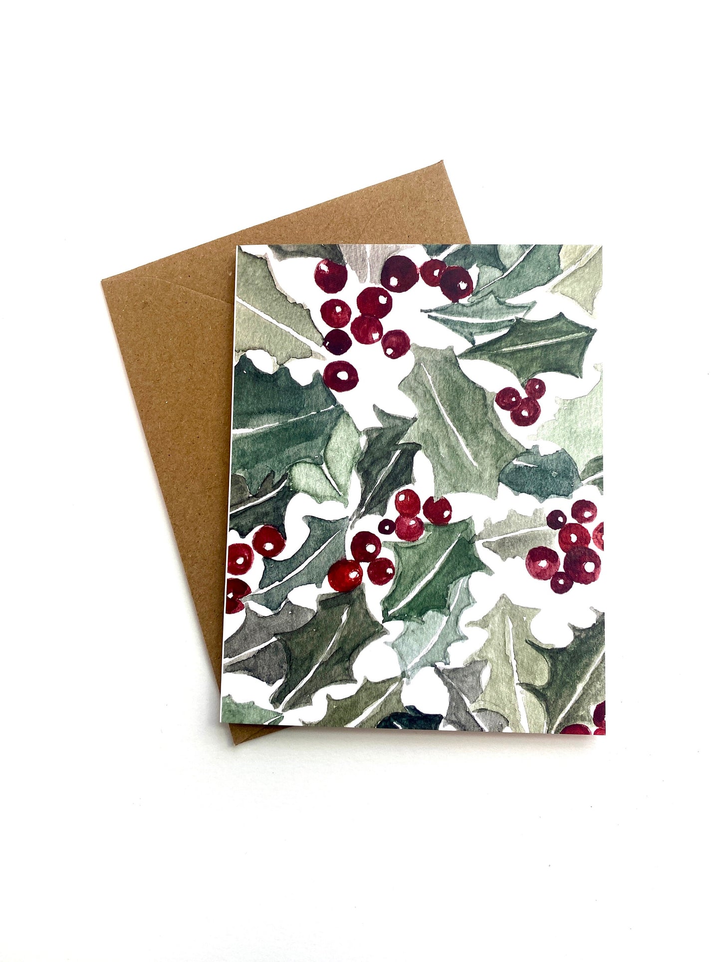 Watercolor Holly Christmas Card - Mistletoe - Blank Inside - Kraft Envelope