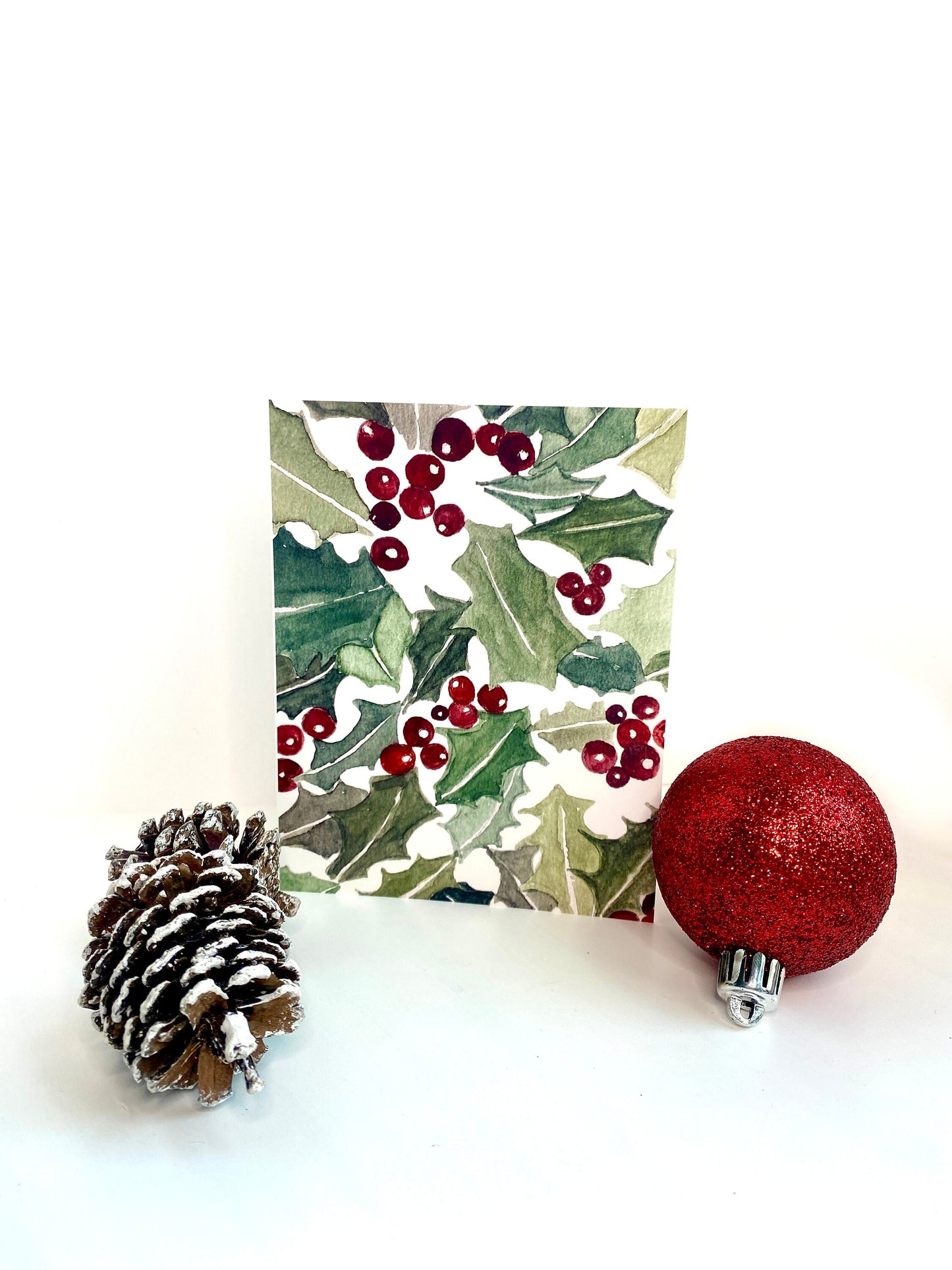 Watercolor Holly Christmas Card - Mistletoe - Blank Inside - Kraft Envelope