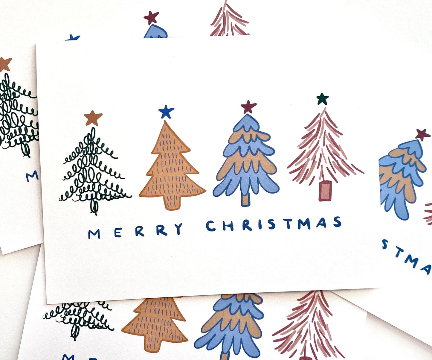 Merry Christmas Card - Modern Colorful Christmas Trees - Blank Inside - Kraft Envelope