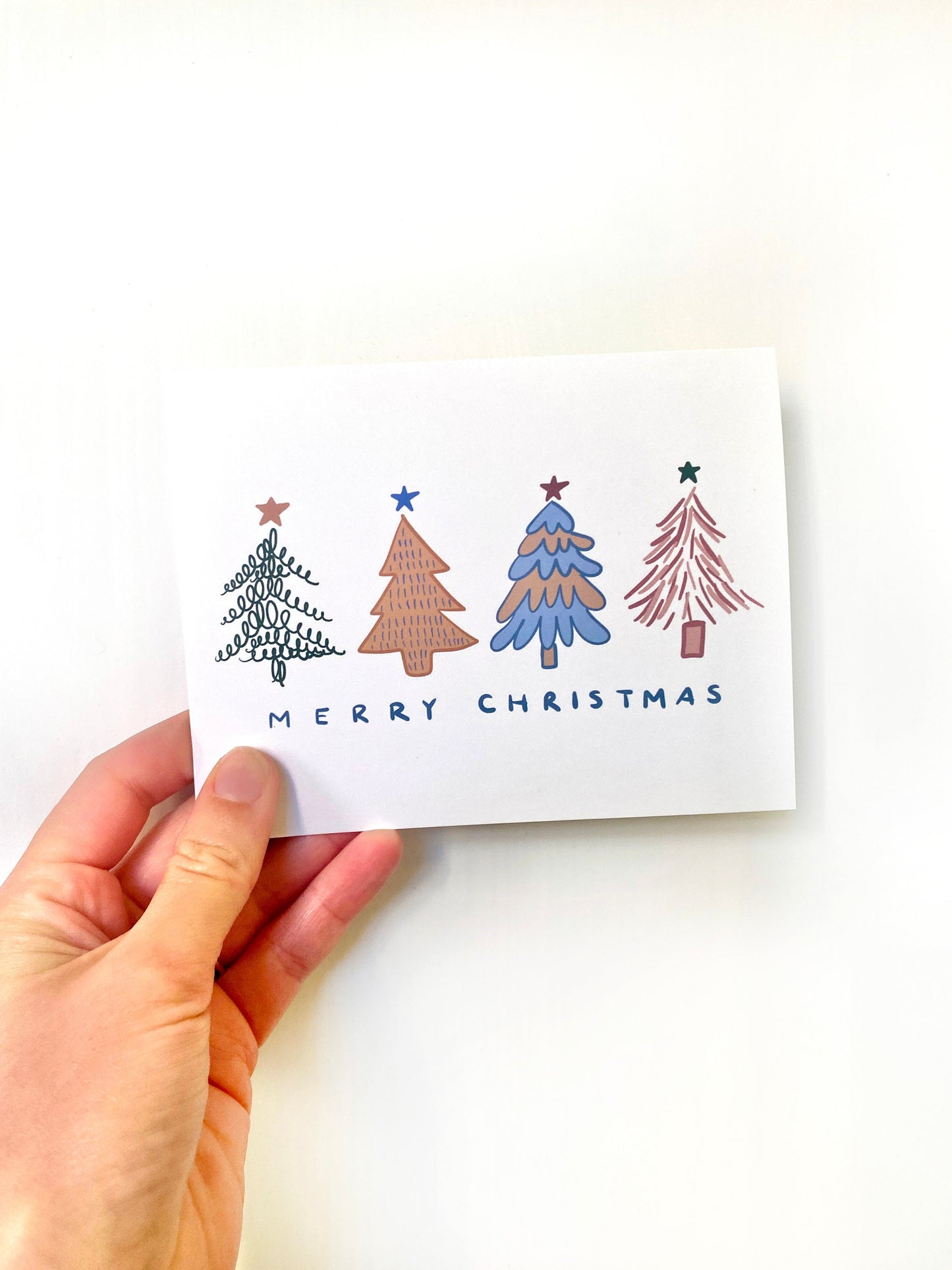 Merry Christmas Card - Modern Colorful Christmas Trees - Blank Inside - Kraft Envelope