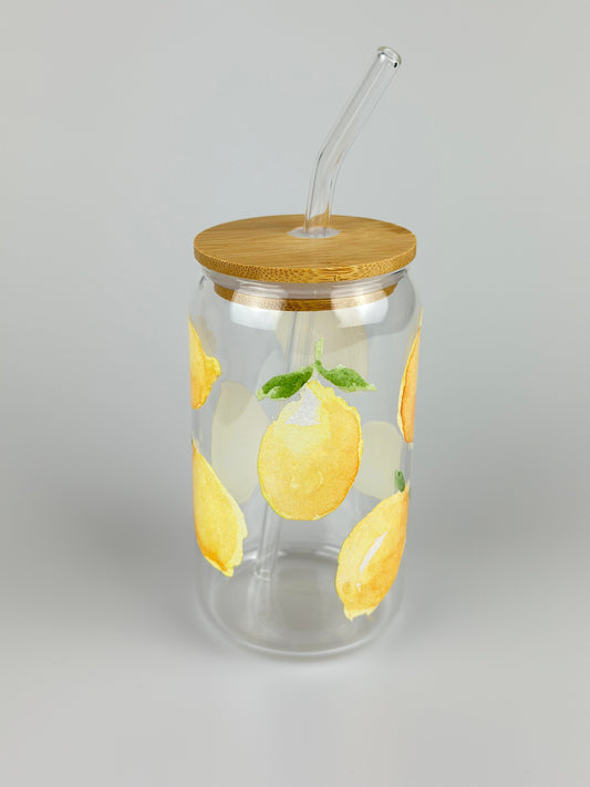 Glass Cup with Bamboo Lid and Glass Straw - Lemon Print - Iced Coffee Cup - Travel Cup - Glass Can