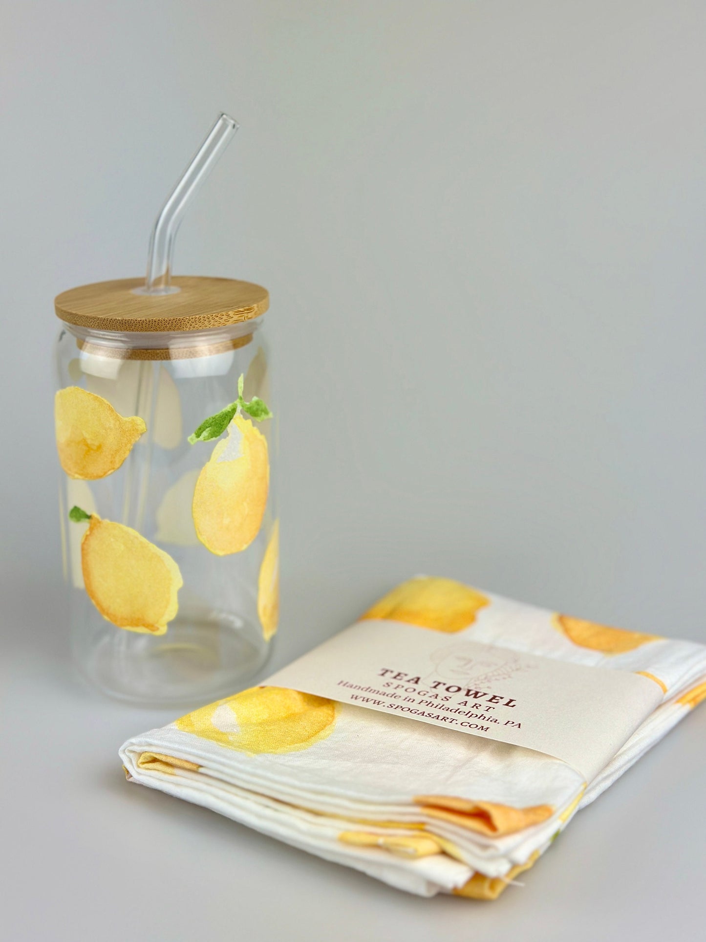 Glass Cup with Bamboo Lid and Glass Straw - Lemon Print - Iced Coffee Cup - Travel Cup - Glass Can