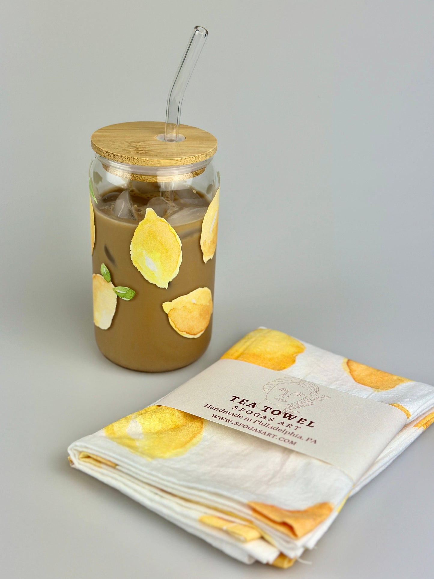 Glass Cup with Bamboo Lid and Glass Straw - Lemon Print - Iced Coffee Cup - Travel Cup - Glass Can