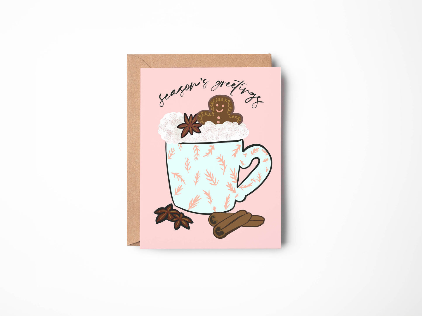 Gingerbread Season's Greetings Card - Modern Christmas Card - Eco-friendly Card with Kraft Envelope - Blank Inside