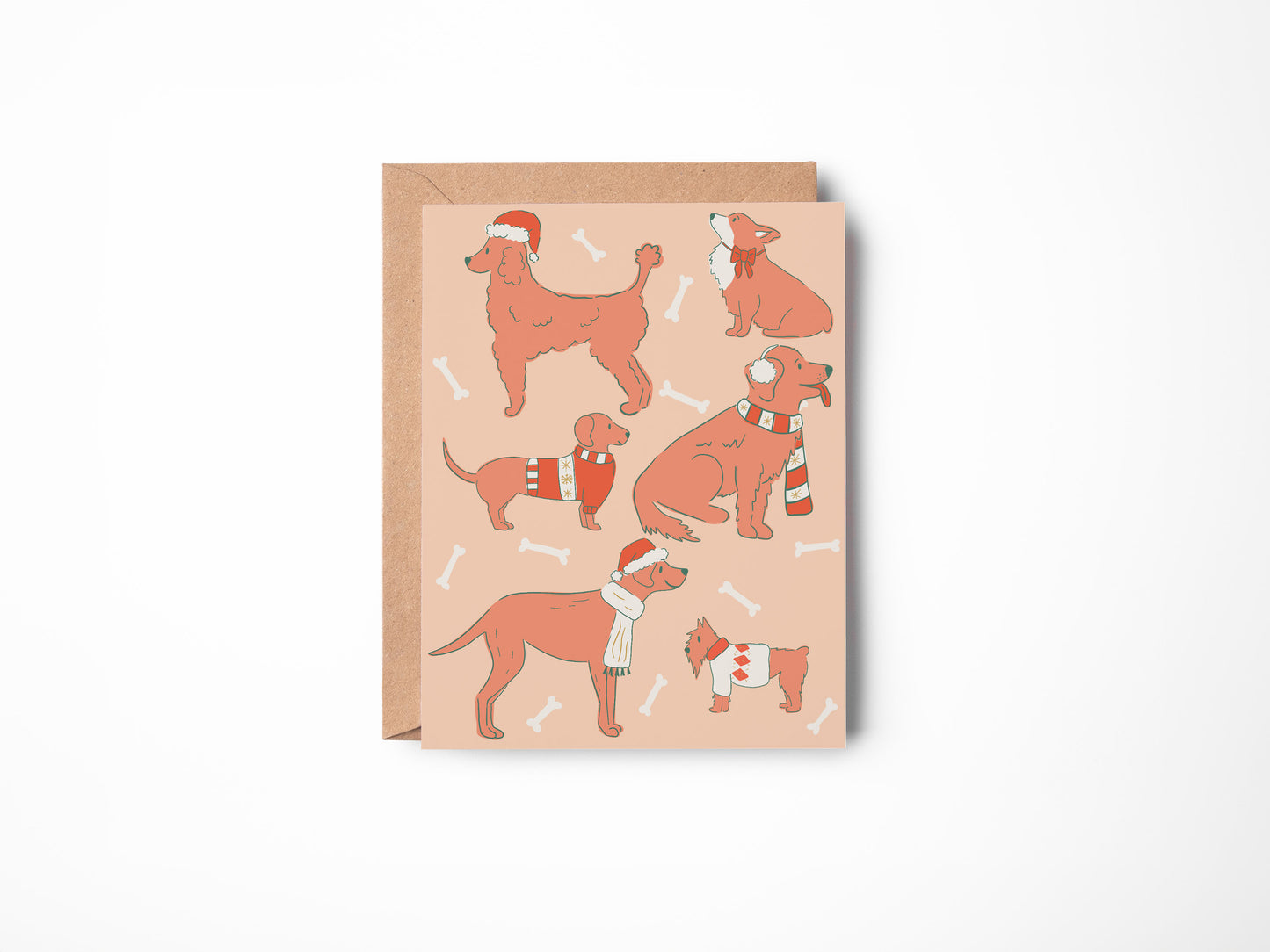 Happy Pawlidays Card - Festive Dogs - Blank Inside - Kraft Envelope